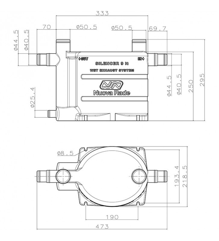 Esquema de medidas de Silenciador de escape 9 litros oval negro