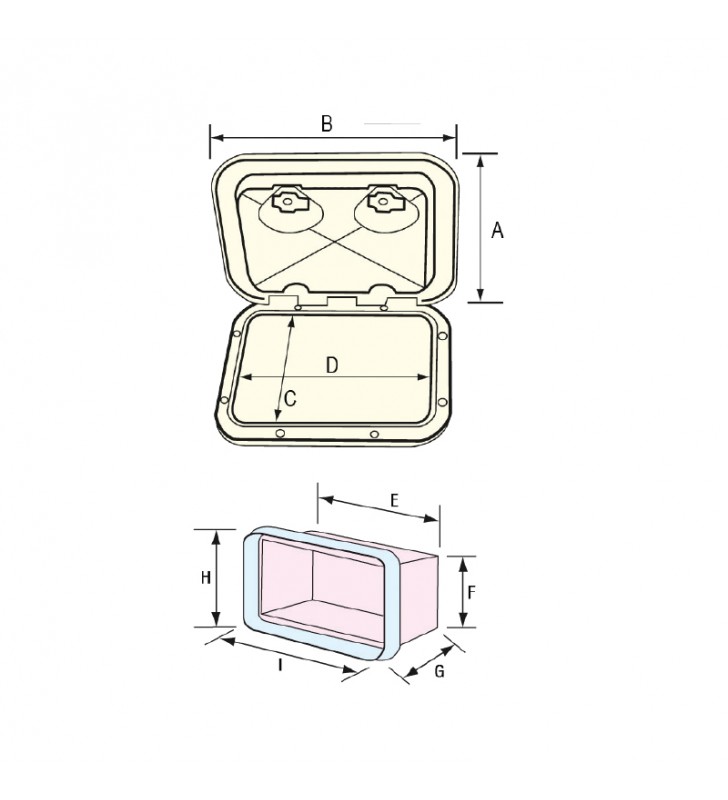 Esquema de medidas de Tambucho con cofre 243 x 607 mm Top Line
