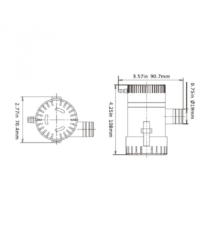 Esquema de medidas de Bomba sumergible Seaflo 350 GPH 12V