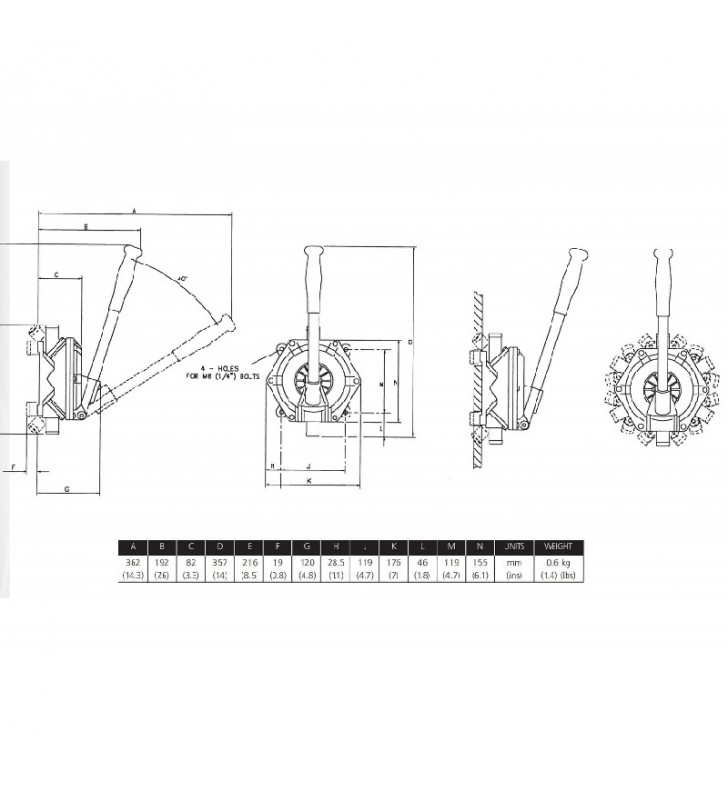 Esquema de medidas de Bomba de achique manual Jabsco Bulkhead