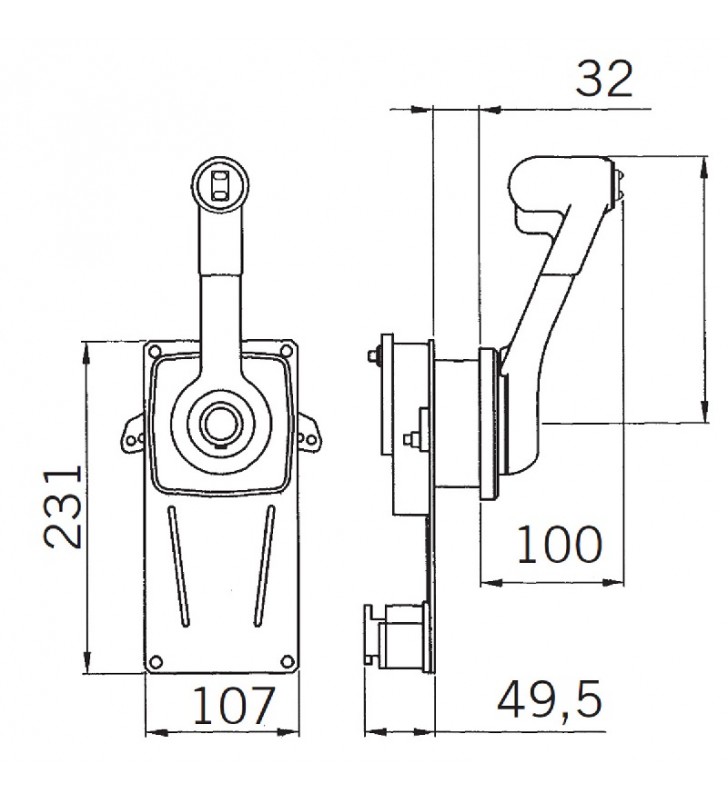 Esquema de medidas de B184 lateral mando morse con trim Ultraflex