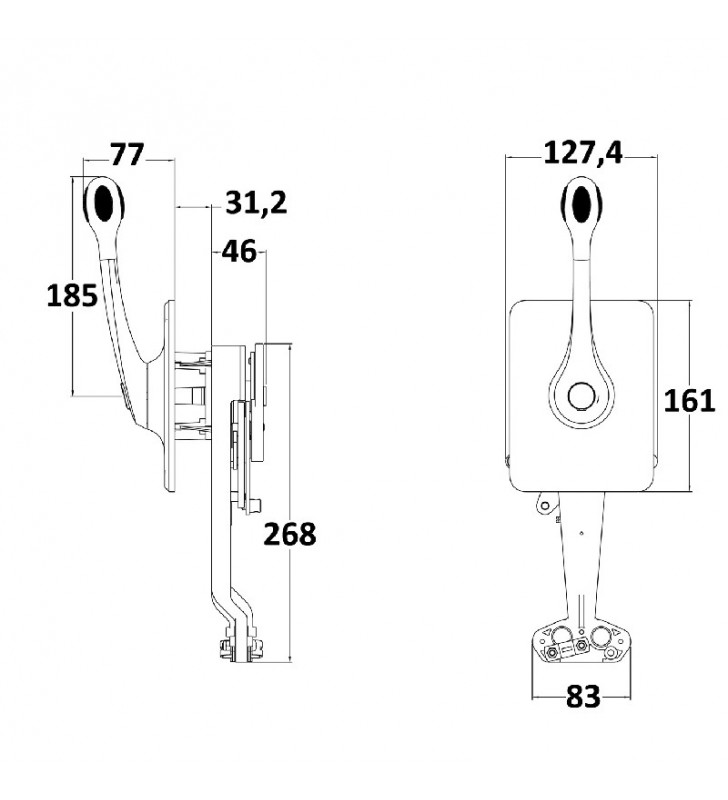 Esquema de medidas de B400 inox mando morse Ultraflex