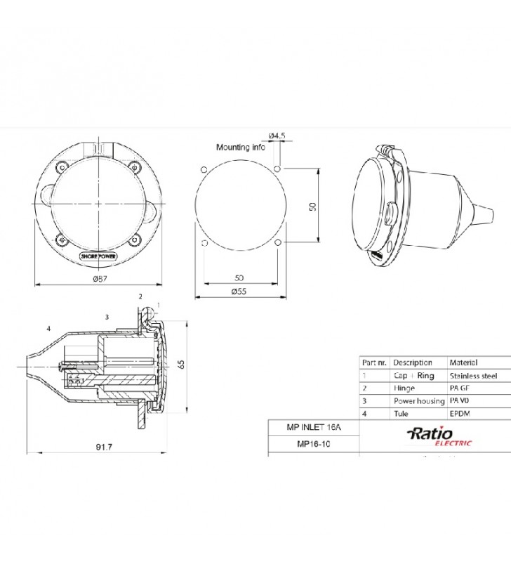 Esquema de medidas de Base 50 Amp CEE macho