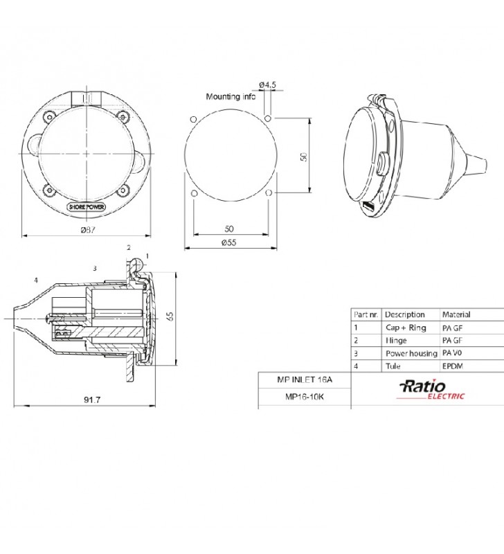 Base 16 Amp CEE macho PVC