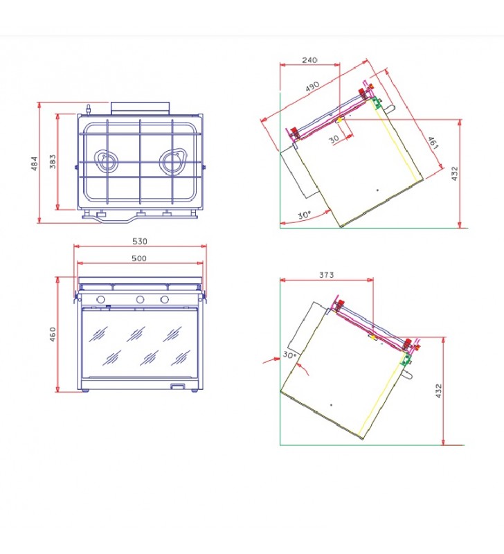Esquema de medidas de Cocina 2 fogones Y horno Techimpex