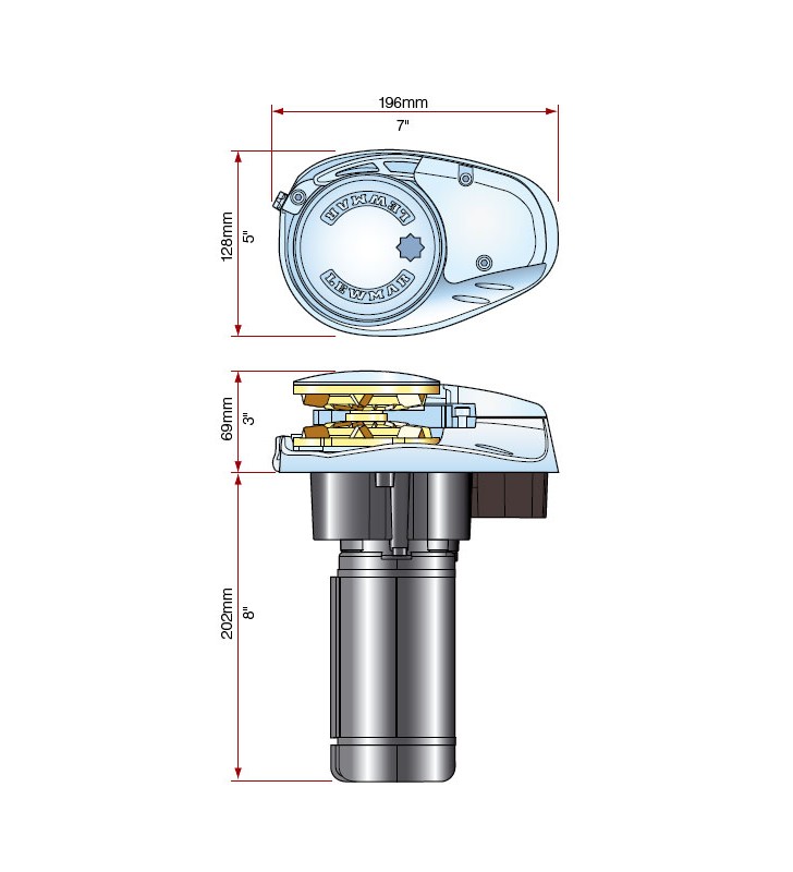 Esquema de medidas de Molinete 320W V700 Lewmar