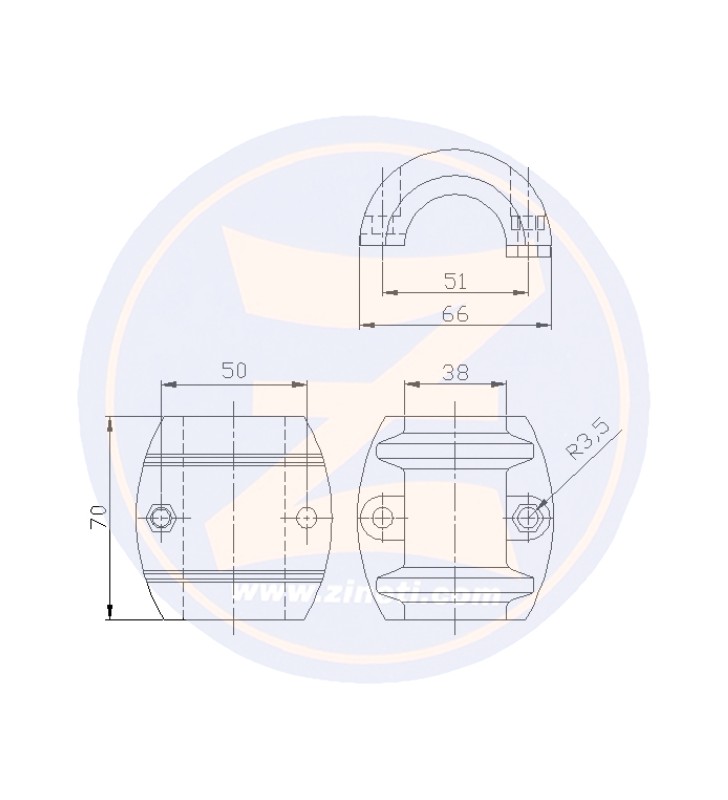 Esquema de medidas de Anodo collar para eje 38mm Zineti