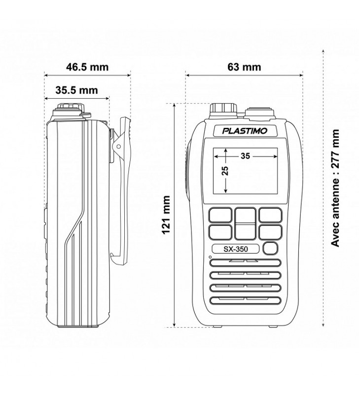 Esquema de medidas de Emisora VHF portátil SX-350 Plastimo