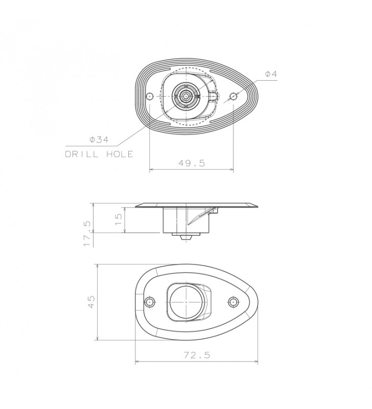Esquema de medidas de Luz led babor y estribor empotrable con tornillos