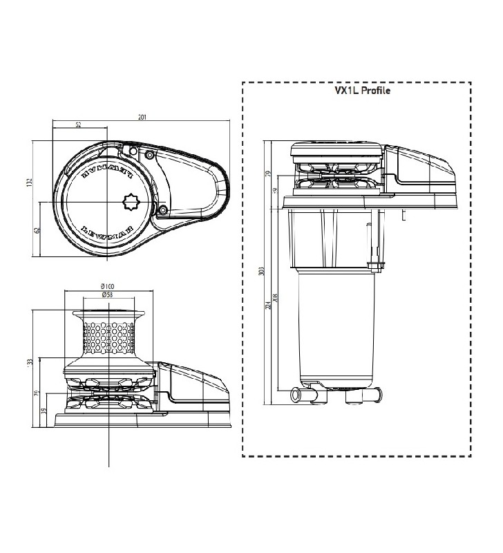 Medidas de Molinete VX1L 500W Lewmar