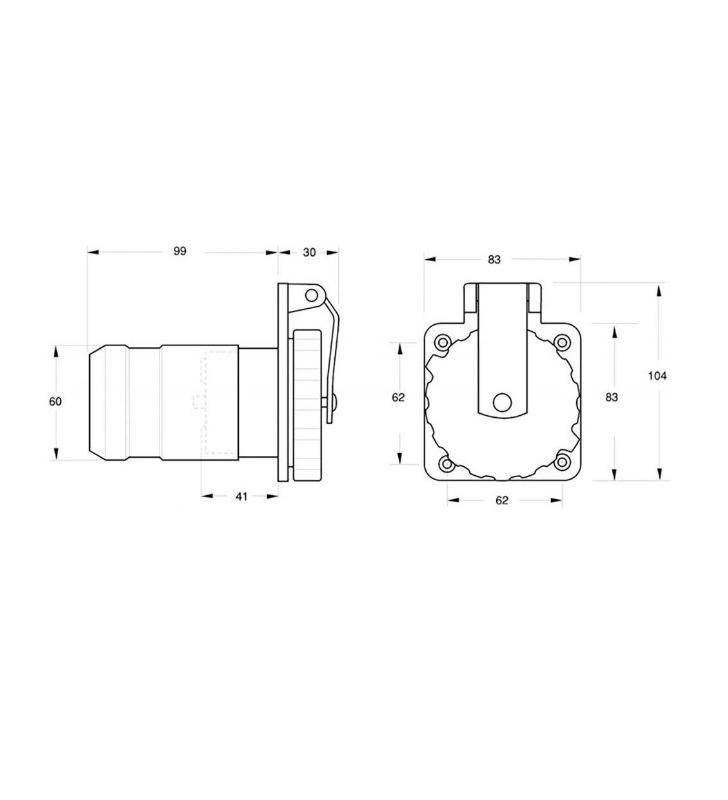Medidas de Base enchufe Marinco 50 Amp macho inox