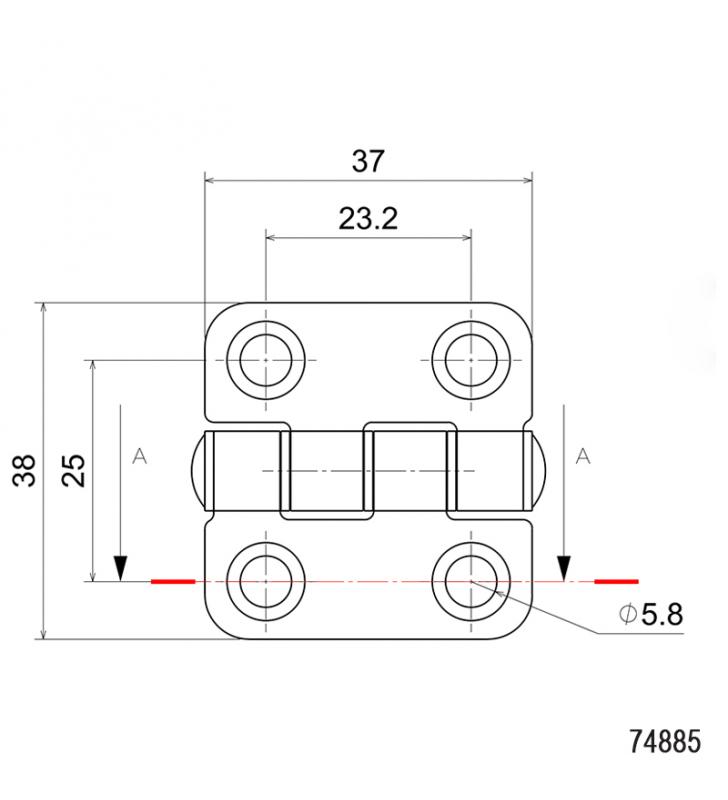 Bisagra Silenciosa, Derecha, Inox 316, L38mm, W37mm, grosor 1,8mm