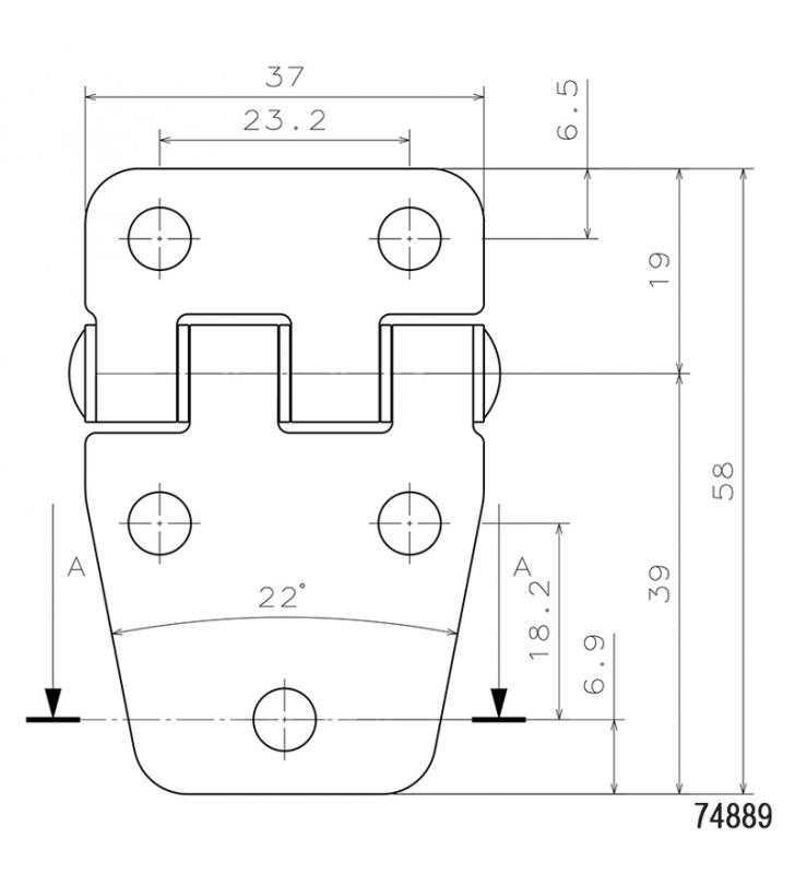 Bisagra Silenciosa, Derecha, Inox 316, L58mm, W37mm, grosor 1,8mm