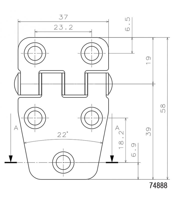 Bisagra Silenciosa, Inversa, Inox 316, L58mm, W37mm, grosor 1,8mm