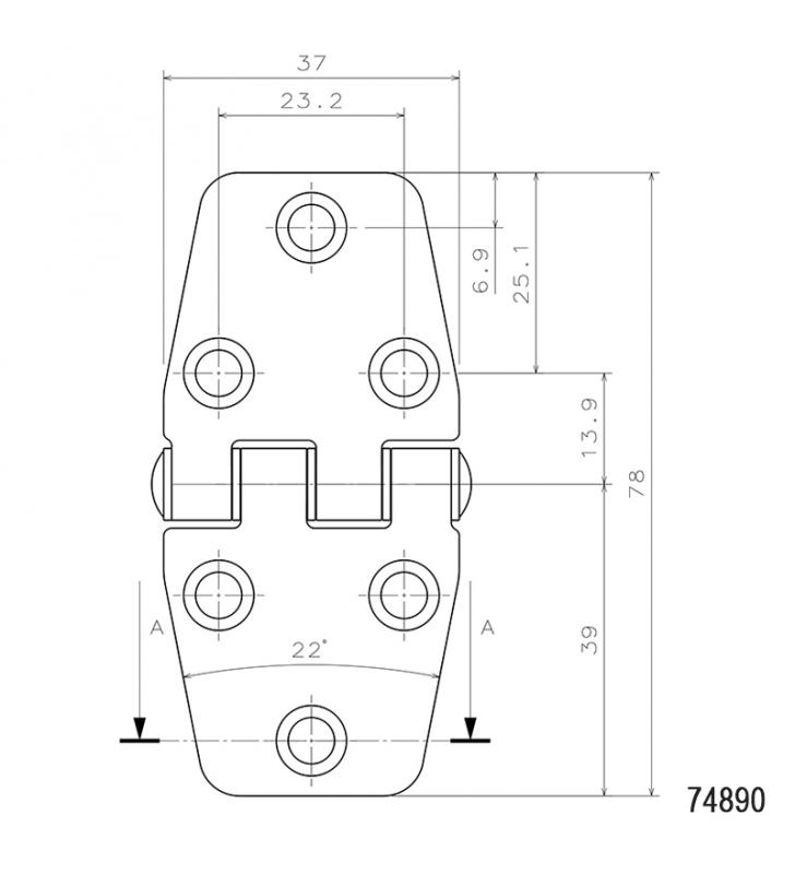 Bisagra Silenciosa, Inversa, Inox 316, L78mm, W37mm, grosor 1,8mm