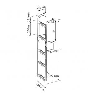 Esquema de medidas de Escalera inox 5 peldaños ajustables 2+3