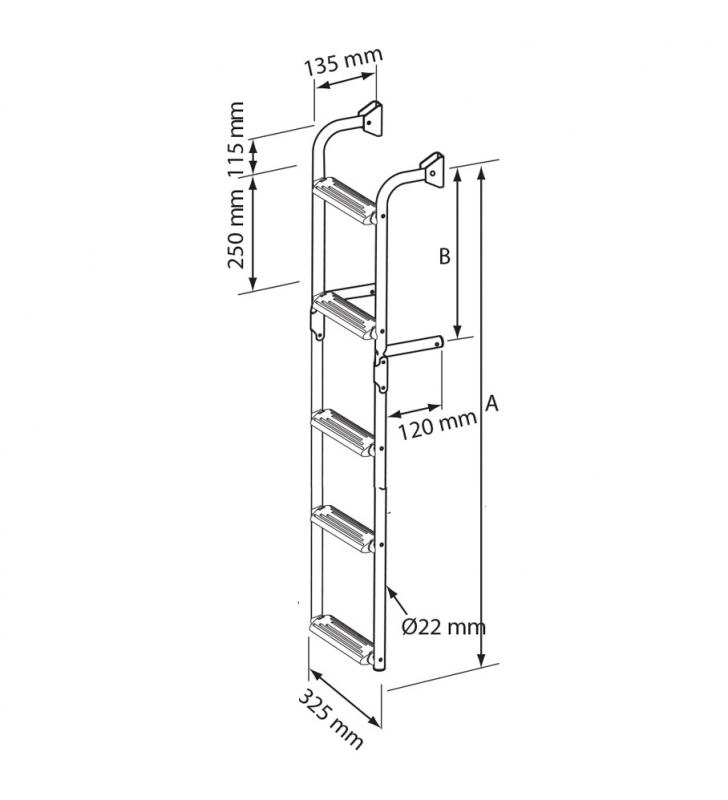 Esquema de medidas de Escalera inox 5 peldaños ajustables 2+3