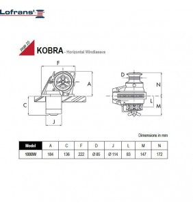 Esquema de medidas de Molinete Kobra 1000 W Lofrans