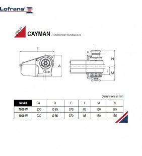 Esquema de medidas de Molinete Cayman 700 W 12 V Lofrans