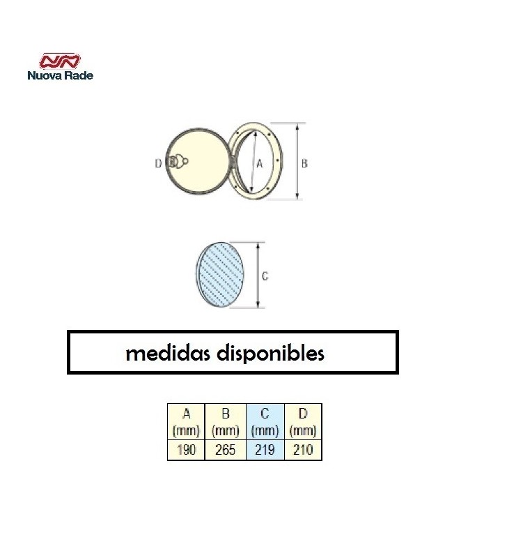 Esquema de medidas de Tambucho redondo 265 mm Ø con cierre de palanca