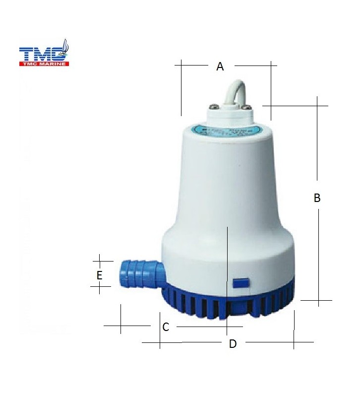 Esquema de medidas de Bomba sumergible TMC 1750 GPH 12V