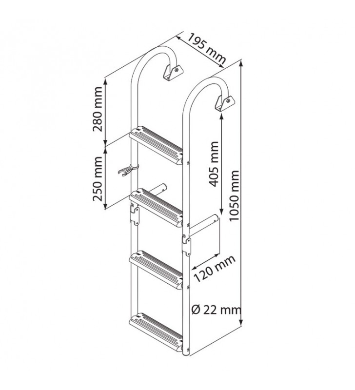 Esquema de medidas de Escalera inox 4 peldaños con asidero 215 mm