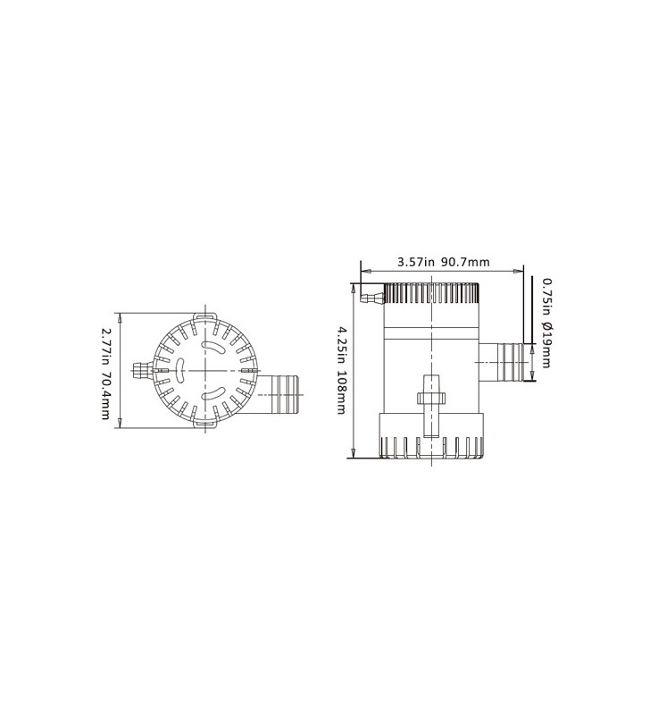 Esquema de medidas de Bomba sumergible Seaflo 750 GPH 12V