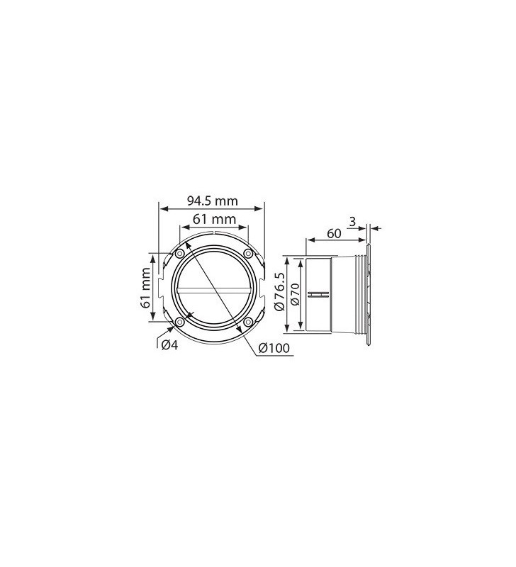 Esquema de medidas de Conexión ventilación 76 mm Ø