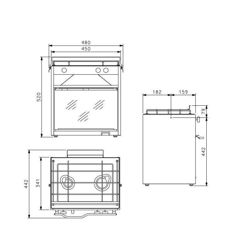 Esquema de medidas de Cocina 2 fogones horno y grill Techimpex