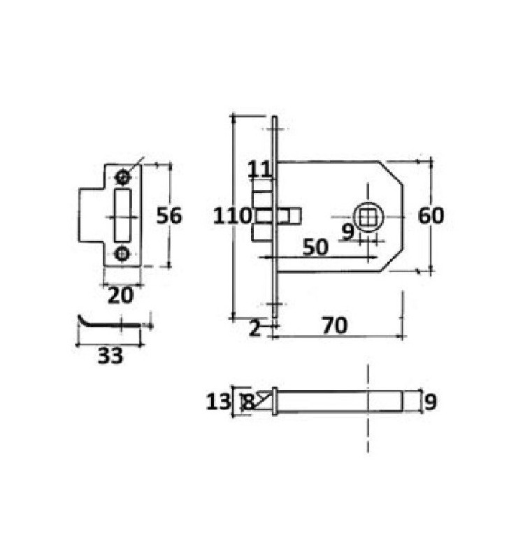 Medidas de Cerradura de embutir con resbalón antivibratorio F: 110x13