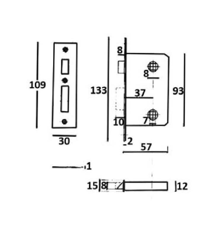 Medidas Cerradura de embutir para clavija F: 133x15