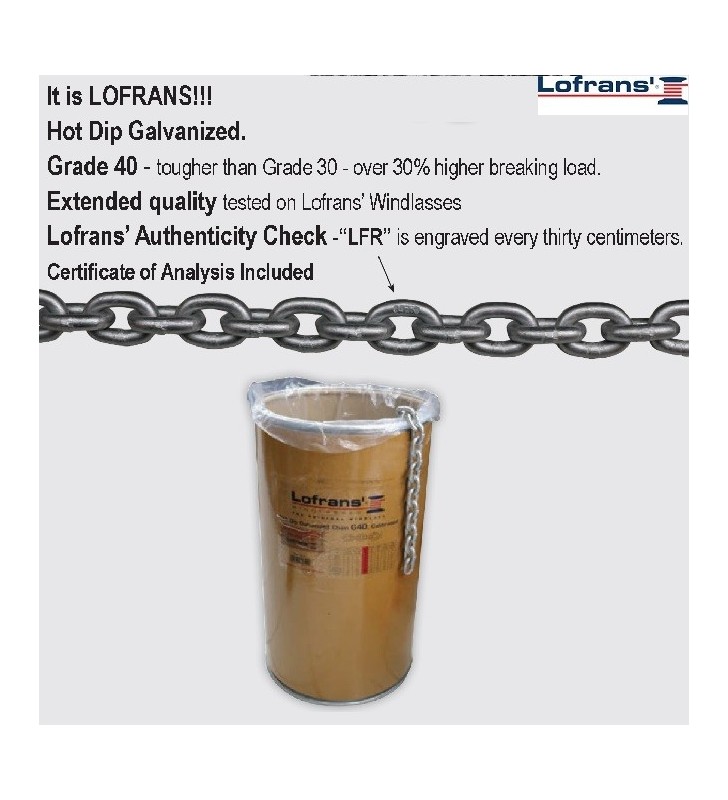 Cadena de fondeo Lofrans galvanizada G40 con certificado de calidad