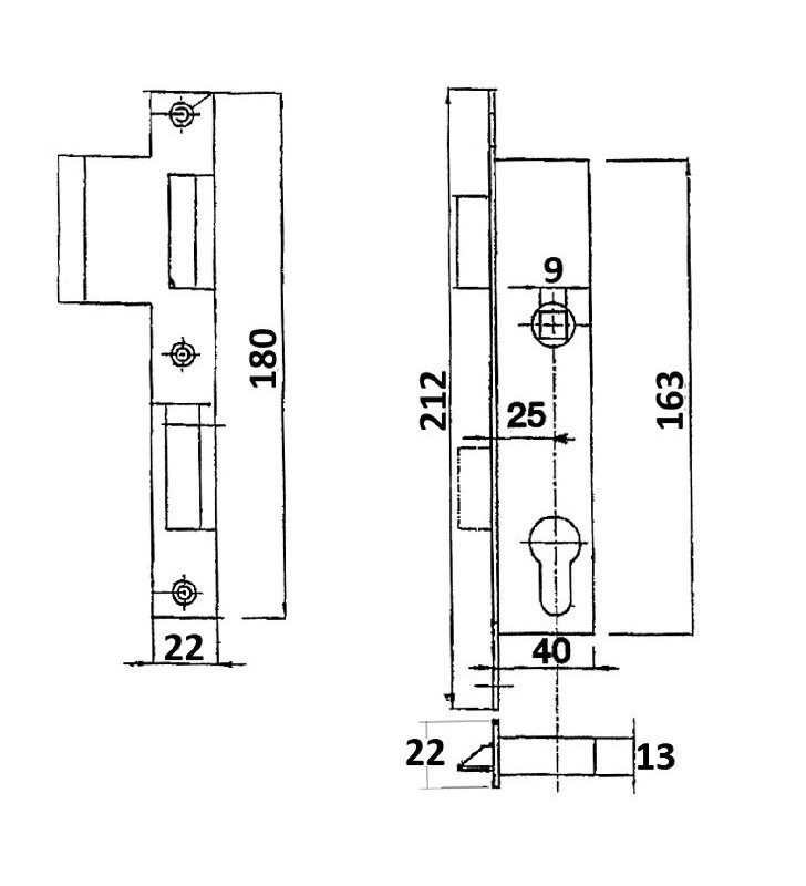 Medidas de Cerradura de embutir para bombín F: 212X22