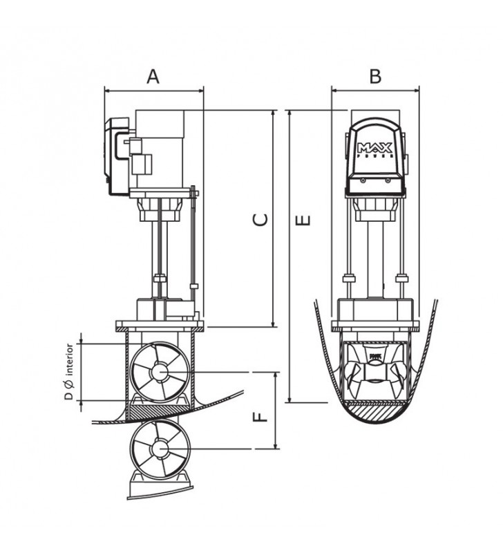 Esquema de medidas de Propulsor retráctil eléctrico VIP 150