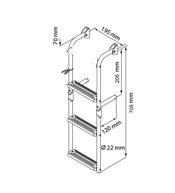 Esquema de medidas de Escalera inox 3 peldaños ancho 215 mm