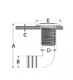 Esquema de medidas de Pasacasco acodado para tubo de 38mm blanco