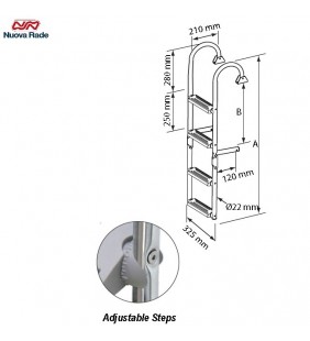Esquema de medidas de Escalera plegable inox 5 peldaños ajustables